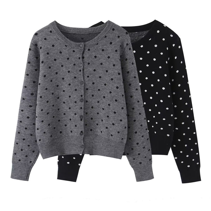 Women short cut fine knitted cardigan with round neckline, button placket and all-over polka dot pattern Mune Fashion