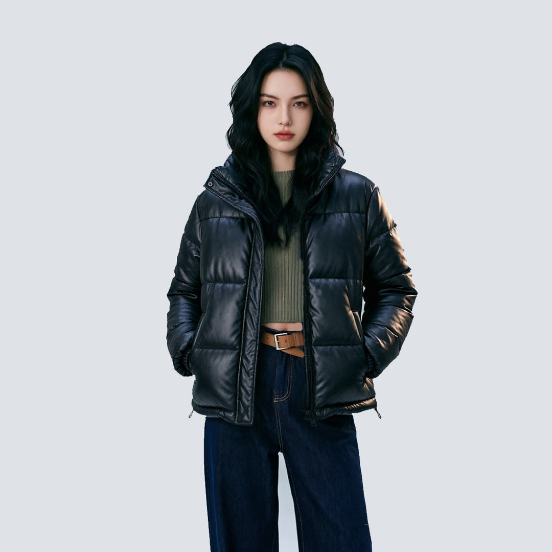 Women Short Cut Quilted Faux Leather Padded Jacket with High Standing Collar Mune Fashion