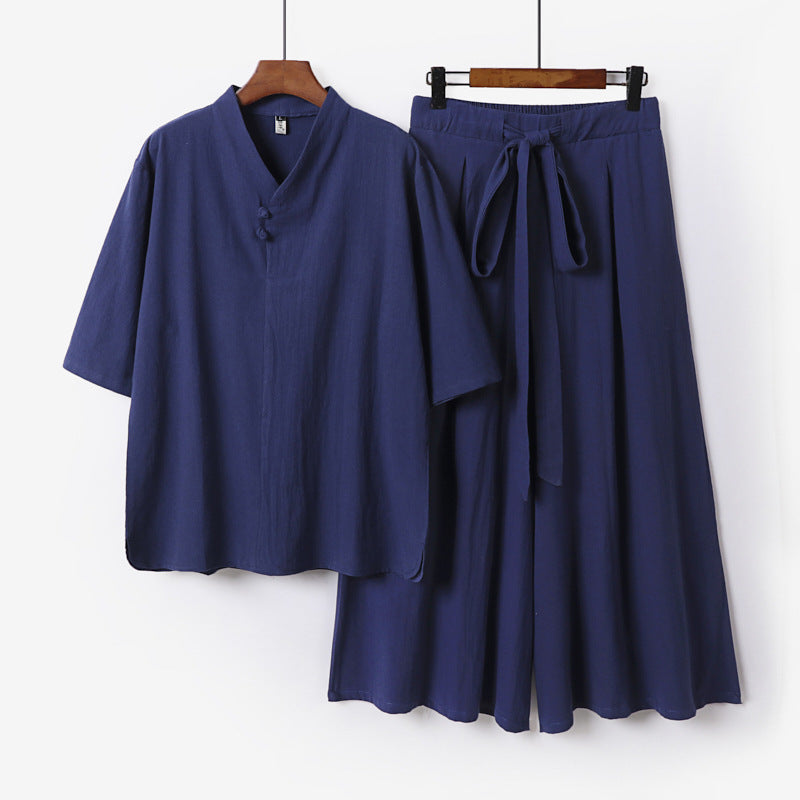 Unisex Two-Piece Kimono Lounge Set with Stand Collar Short Sleeve Top and Loose Tie Waist Pants Mune Fashion