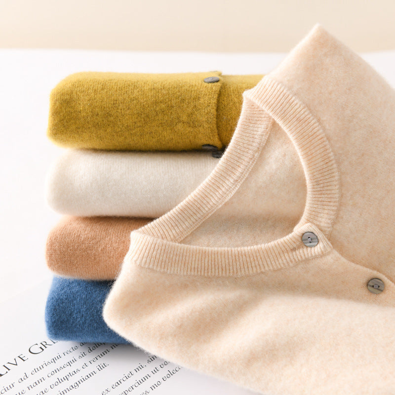 Women Lightweight Round Neck Button Cardigan in Cashmere Look with Fine Ribbed Edge and Casual Silhouette Mune Fashion