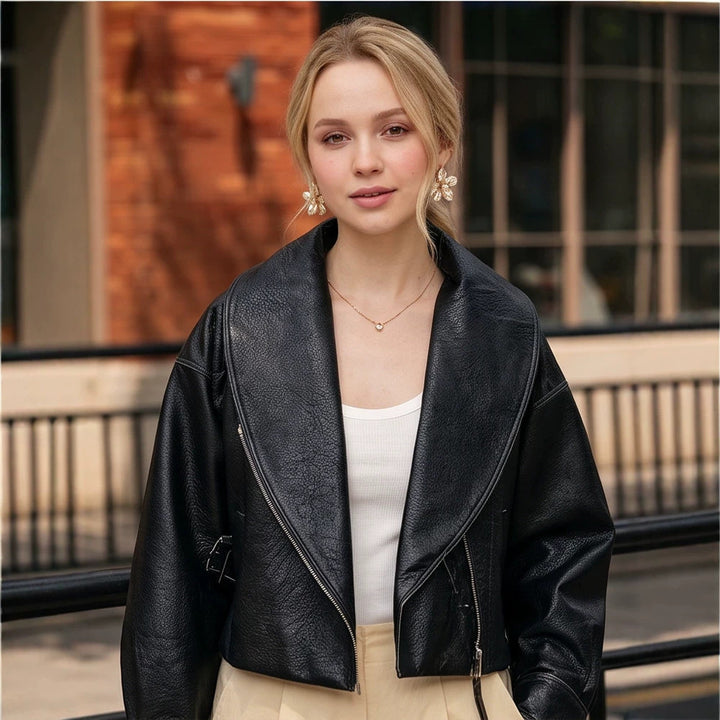 Women's Cropped Biker Jacket made of Faux Leather with Wide Shawl Collar and Asymmetrical Zipper Mune Fashion