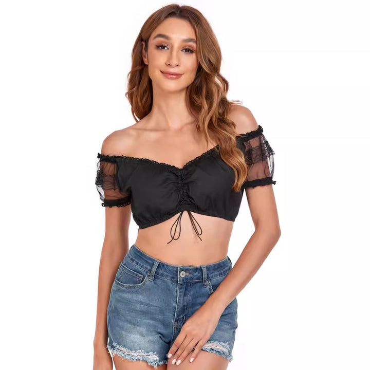 Ladies Dirndl blouse Carmen neckline with lace sleeves and bow tie Mune Fashion