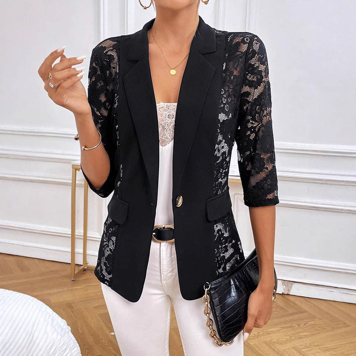 Women's tailored long blazer with lace inserts and lapel collar Mune Fashion