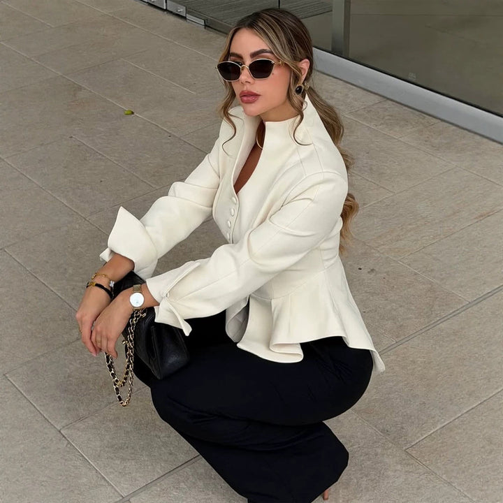 Women Tailored Blazer with Flounce, Stand Collar & Decorative Button Placket Mune Fashion