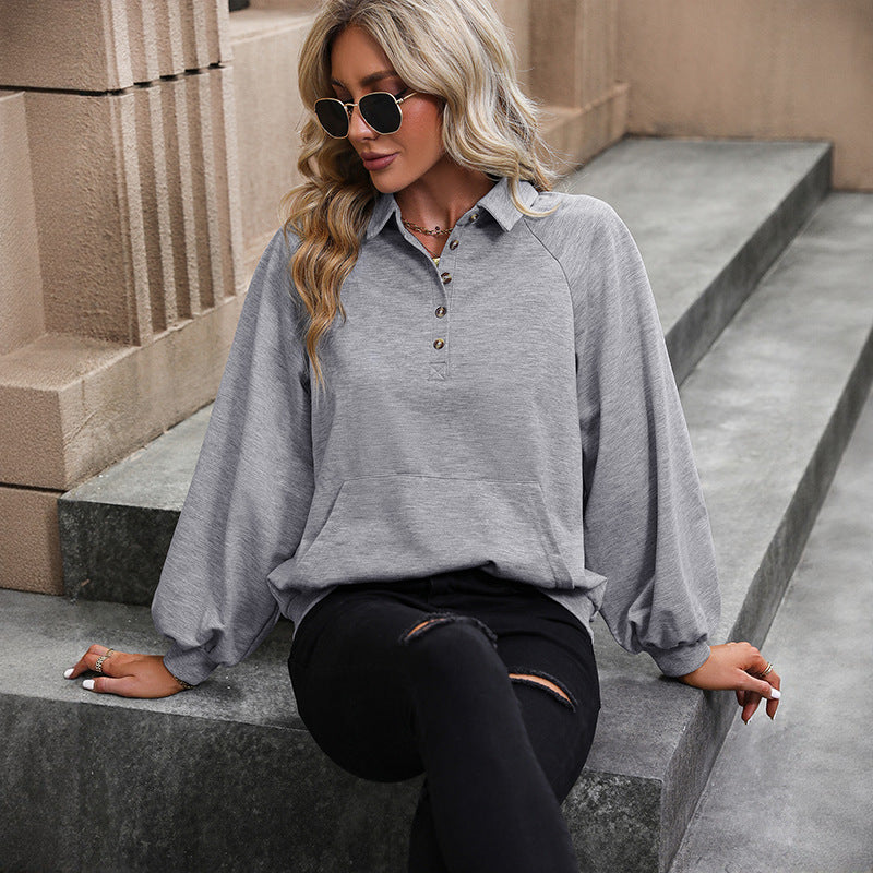 Women's pullover sweatshirt with polo collar, raglan balloon sleeves and kangaroo pocket Mune Fashion