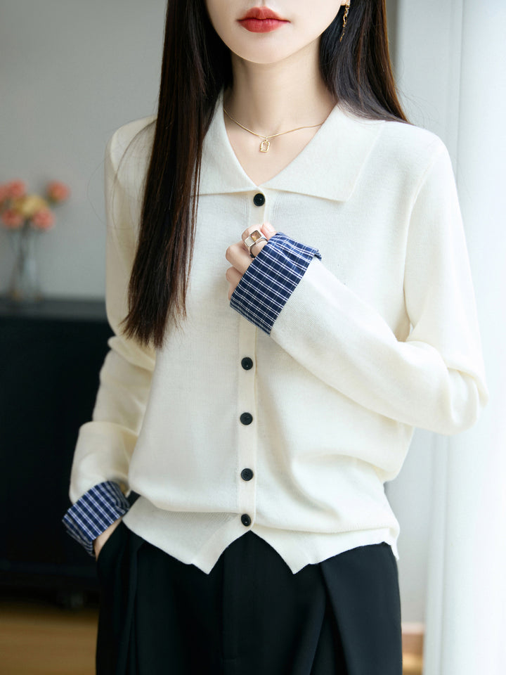 Women's Lightweight Fine Knit Cardigan with Wide Shirt Collar and Front Button Placket Mune Fashion