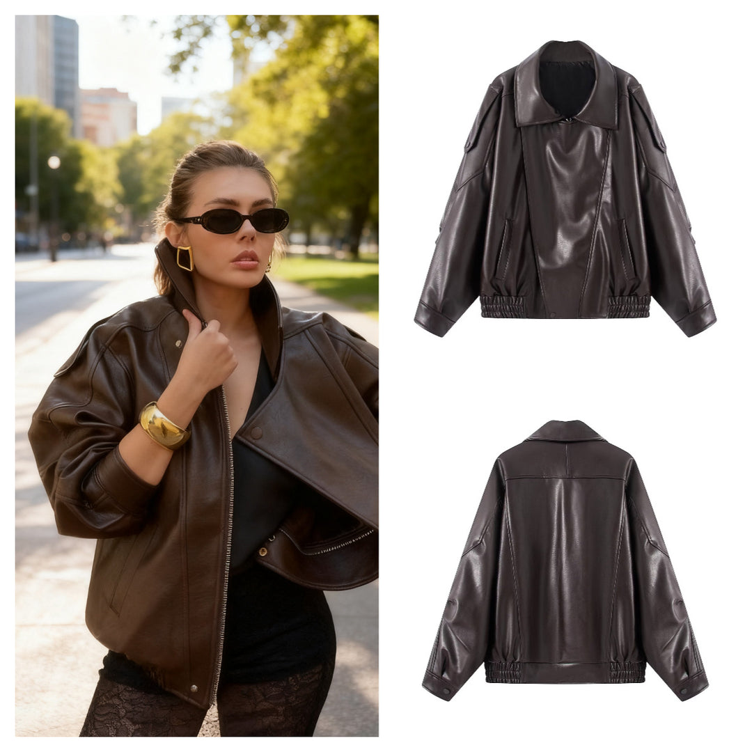 Women's Oversized Faux Leather Bomber Jacket with Utility Pockets, High Collar and Elastic Hem Mune Fashion