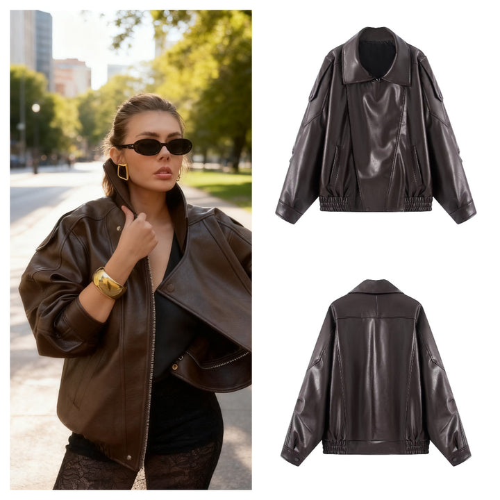 Women's Oversized Faux Leather Bomber Jacket with Utility Pockets, High Collar and Elastic Hem Mune Fashion