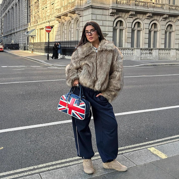Women's Short Cut Faux-Fur Boxy Coat with Hood and Zip Mune Fashion