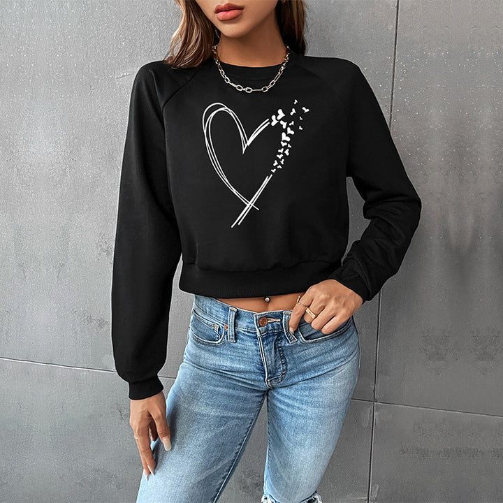 Women's cropped sweatshirt with heart print, round neckline and ribbed cuffs Mune Fashion