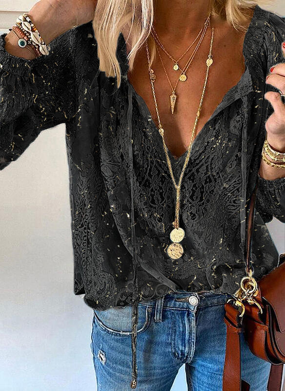 Ladies Elegant and Feminine Blouse with V-Neck and Lace Accents Mune