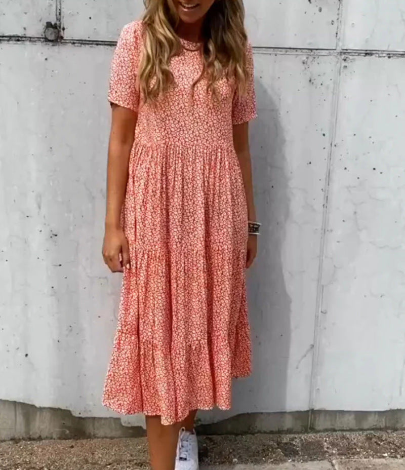 Women's light midi dress with gathered waist, short sleeves, and multilayered tiered skirt Mune Fashion