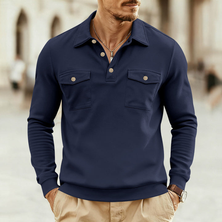 Men's fitted long sleeve polo shirt with shirt collar and applied breast pockets Mune Fashion