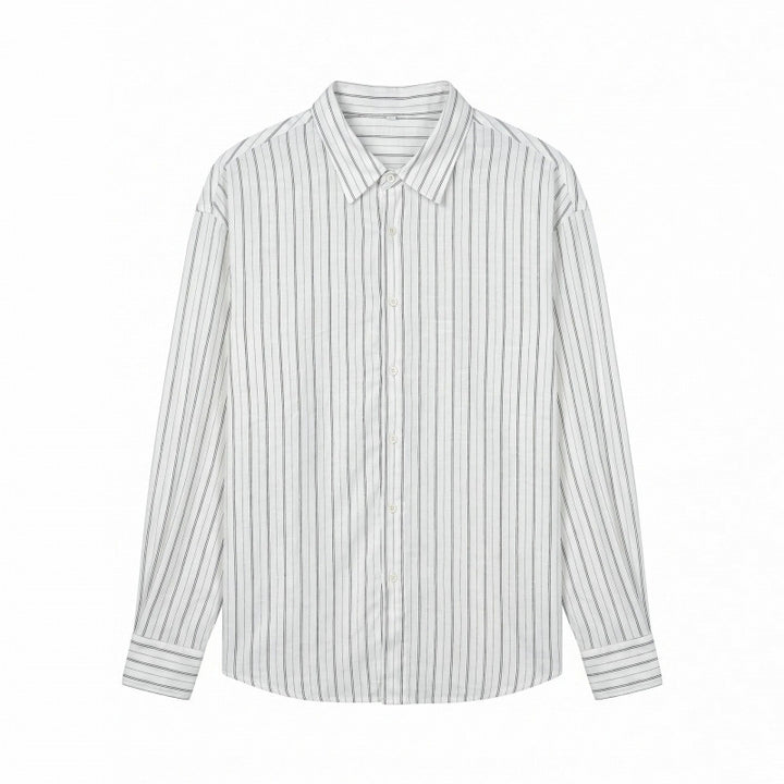 Men's Long-Sleeved Relaxed-Fit Pinstripe Shirt made of Linen-Cotton Blend with Kent Collar Mune Fashion