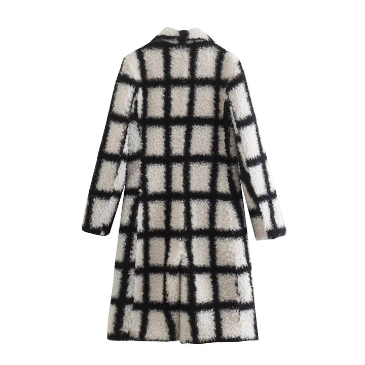 Ladies Long Checkered Teddy Coat with Revers Collar and Flap Pockets Mune Fashion