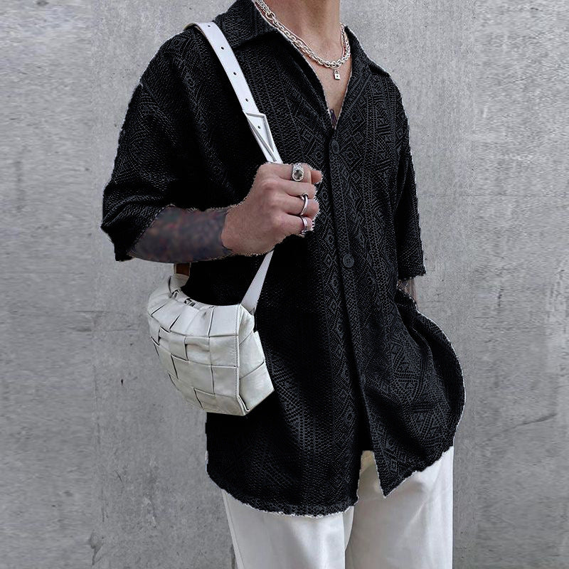 Women's light crocheted blouse with shirt collar and button placket Mune Fashion