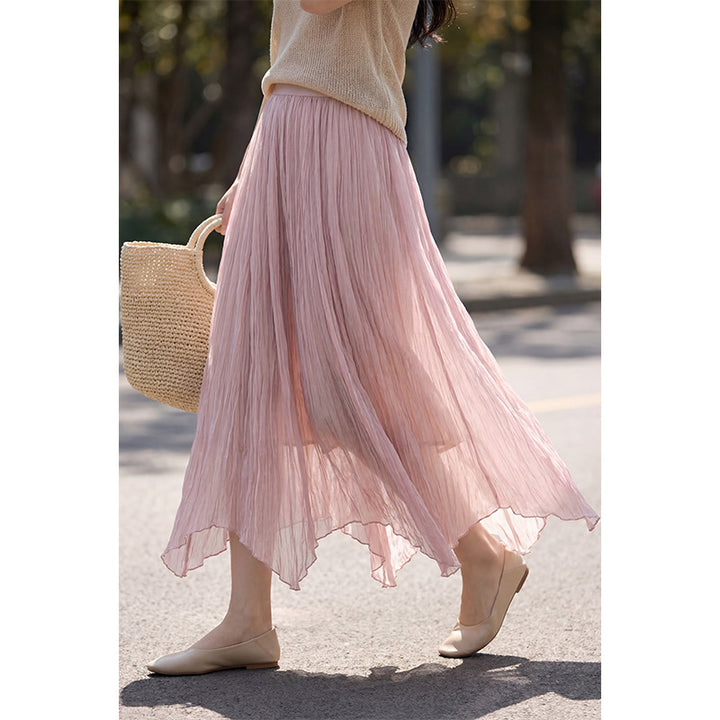 Women's flowing crinkle maxi skirt with tiered layering and pointed hem, Mune Fashion
