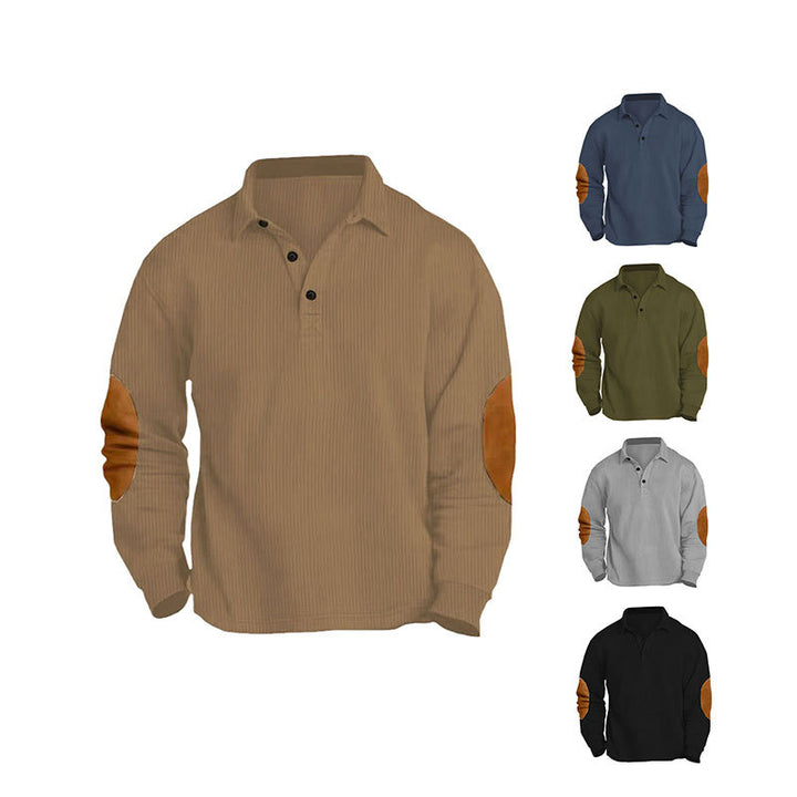 Men's nan legeres long sleeve polo shirt with shirt collar, short button placket, fine texture and velour elbow patches Mune Fashion