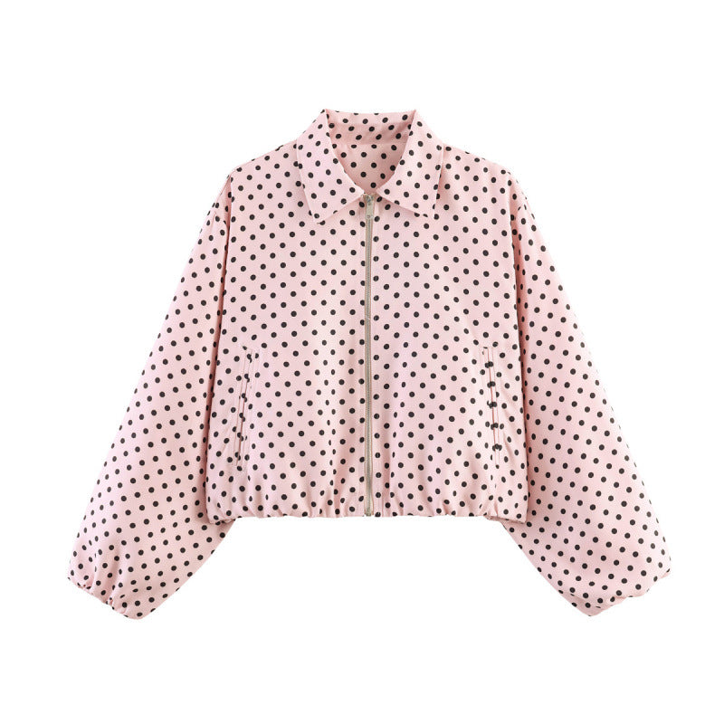 Women Polka Dot Cropped Bomber Jacket in Retro Look with Shirt Collar and Elastic Hem Mune Fashion