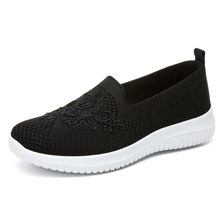 Women's elegant knitted slippers with floral embroidery, elastic entry, and feather-light EVA outsole Mune Fashion