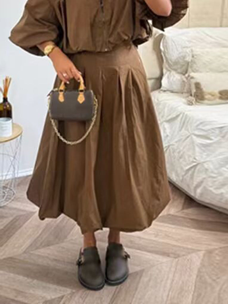 Women Tailored A-Line Midi Skirt with Pleats & High Waist Mune Fashion