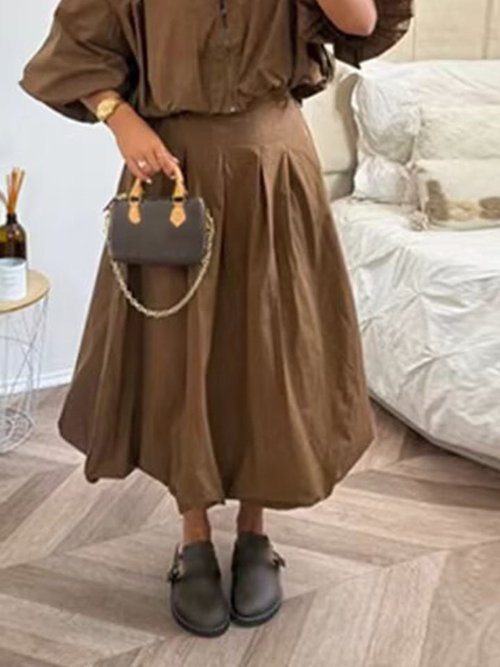 Women Tailored A-Line Midi Skirt with Pleats & High Waist Mune Fashion