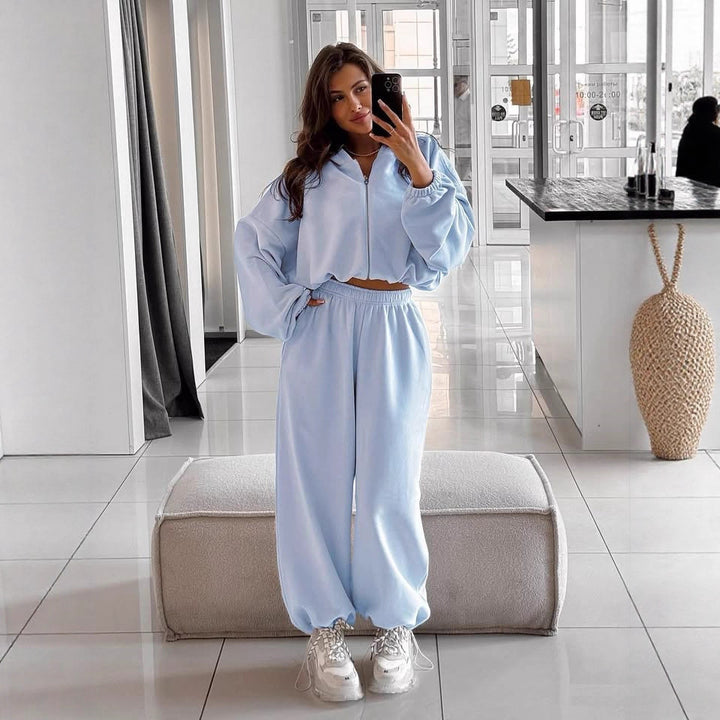 Women nan oversized hoodie jacket with full zip and high waist elastic waistband jogging pants set Mune Fashion