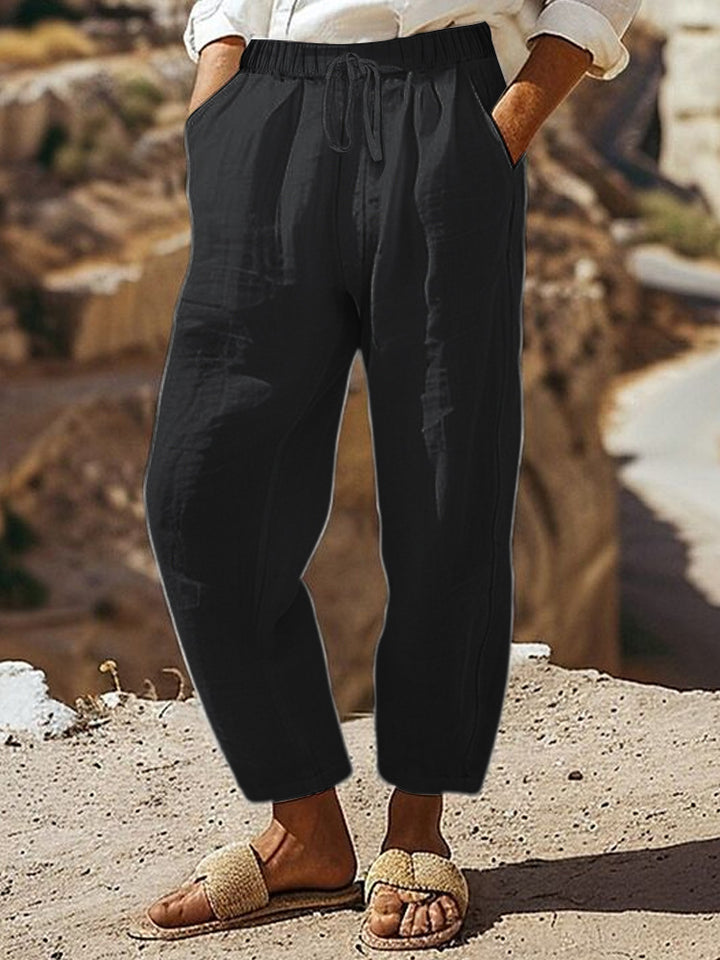 Women's Casual Chino Linen Look Culotte with Elastic Drawstring Waist and Side Pockets Mune Fashion