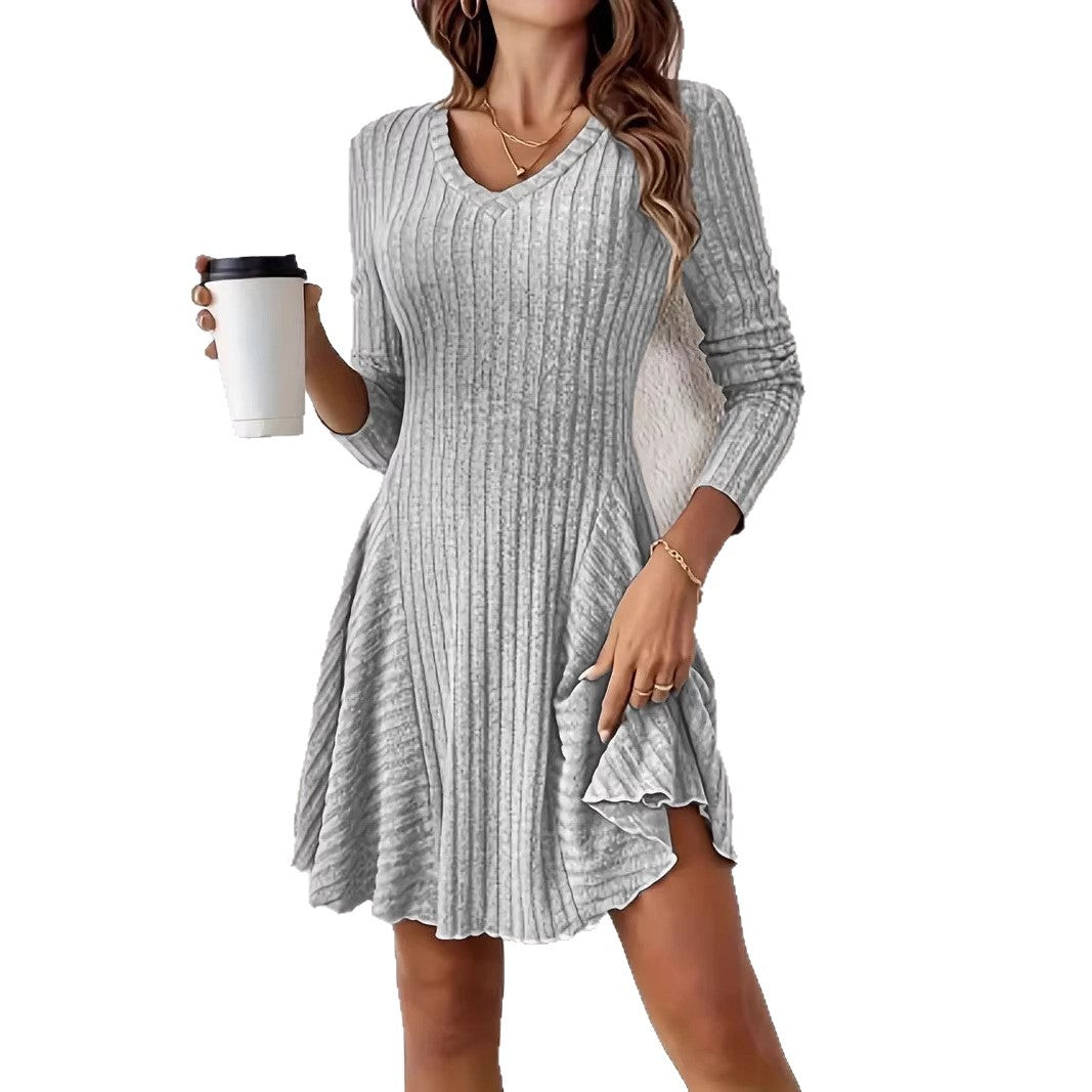 Women's Ribbed V-Neck Mini Dress with Flared Skirt and Patch Pockets Mune Fashion
