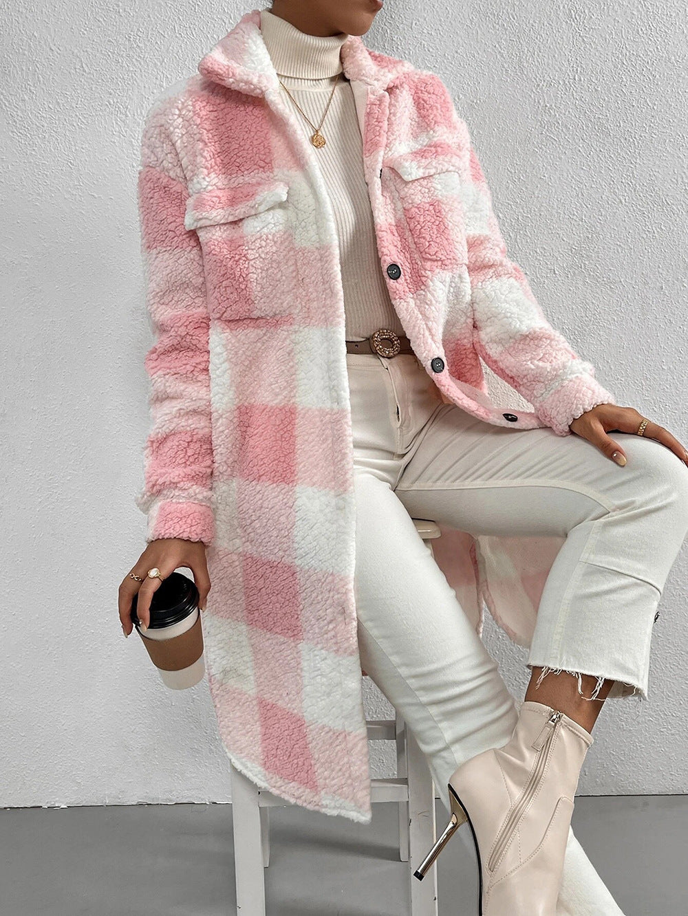 Women's longer teddy check coat with shirt collar, patch chest pockets and button placket Mune Fashion