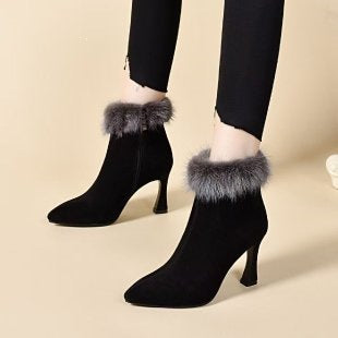 Women Elegant Ankle Boots with Fur Collar Mune Fashion