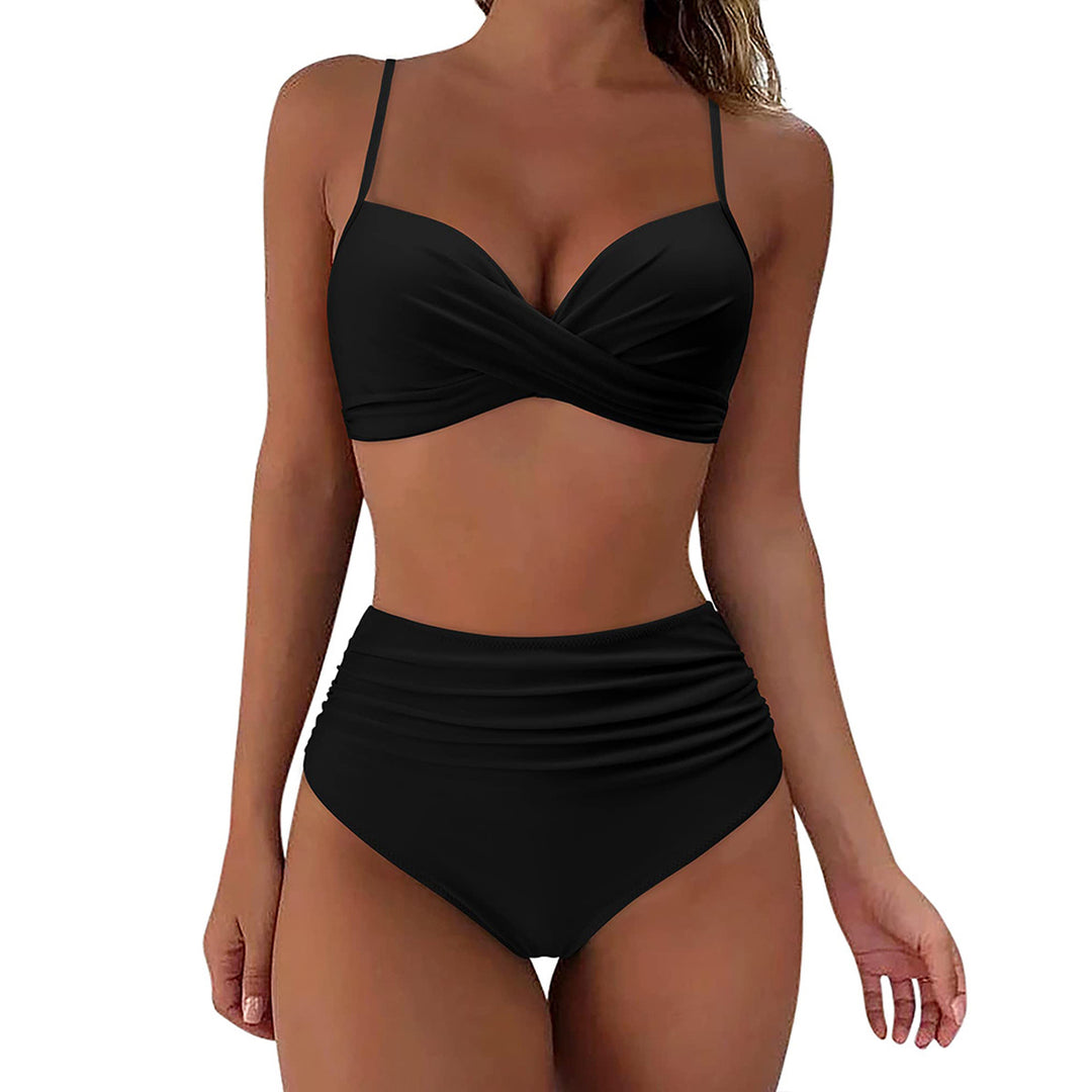 Women's High-Waisted Bikini Set with Floral Top and Gathered Bottom Mune Fashion