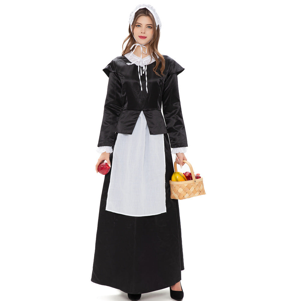 Women's historical pilgrim costume with long skirt, gathered blouse, removable apron, and hood Mune Fashion