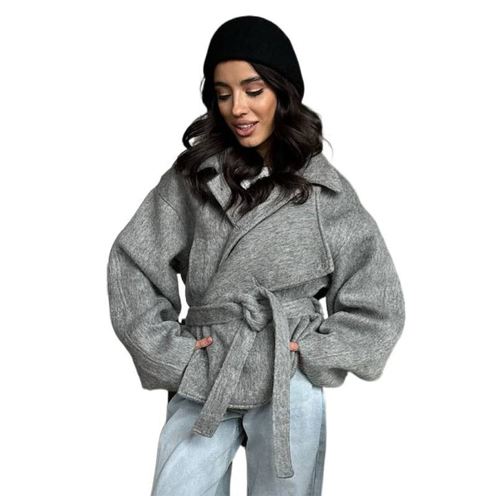 Women's Oversize Short Coat made of Wool Blend with Ties and Stand-Up Collar Mune Fashion