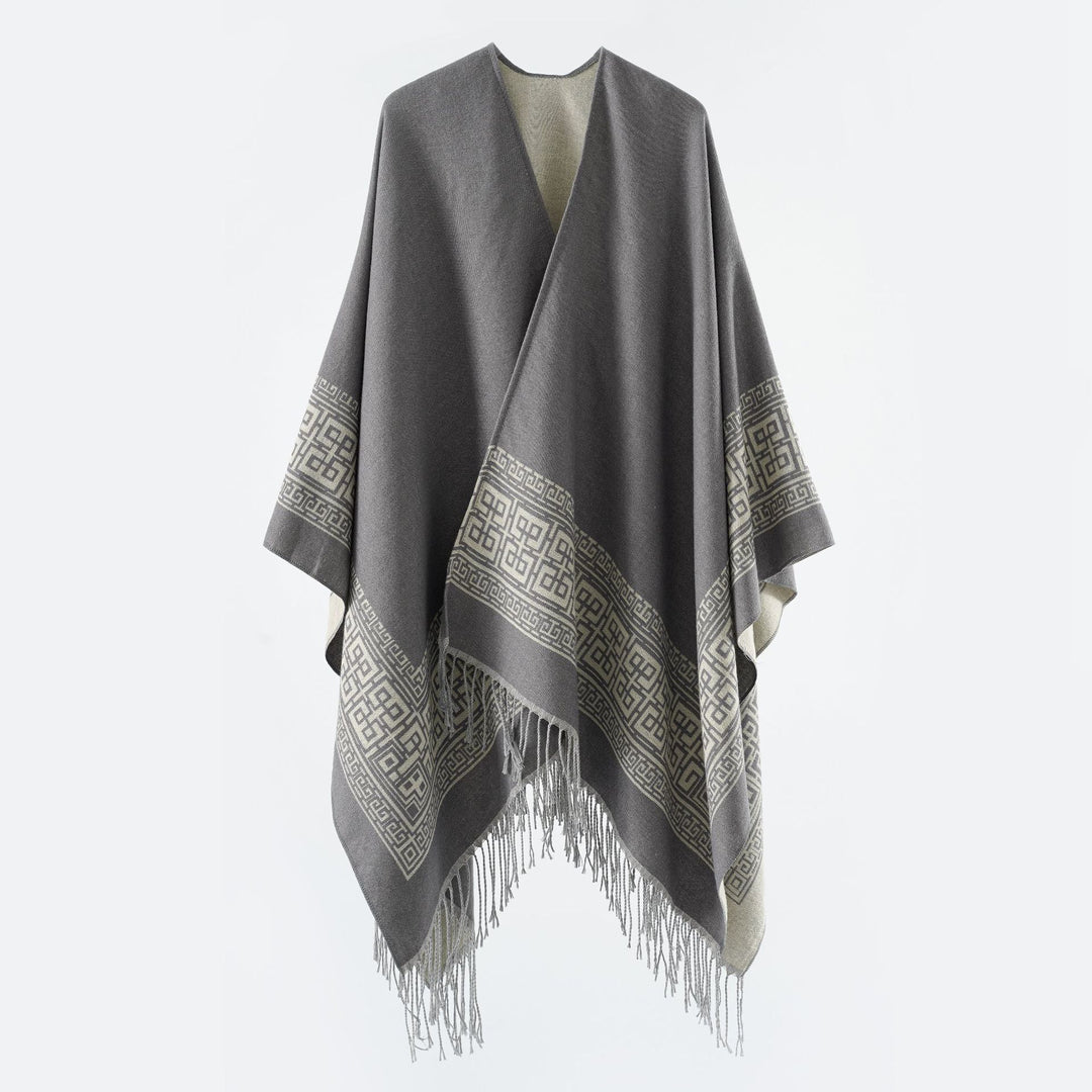 Women's Reversible Wool Blend Kimono Style Wrap with Ornamental Border and Decorative Fringes