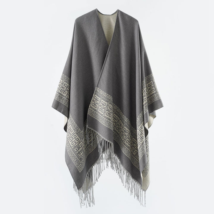 Women's Reversible Wool Blend Kimono Style Wrap with Ornamental Border and Decorative Fringes