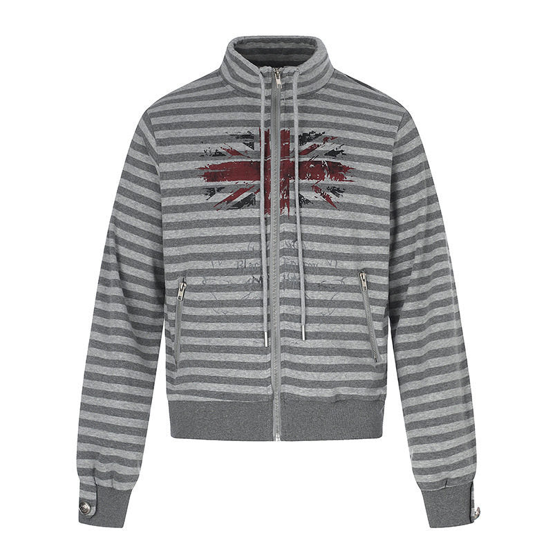 Women's Striped Zip Sweat Jacket with Stand Collar, Zipper Pockets and Vintage Flag Print Mune Fashion