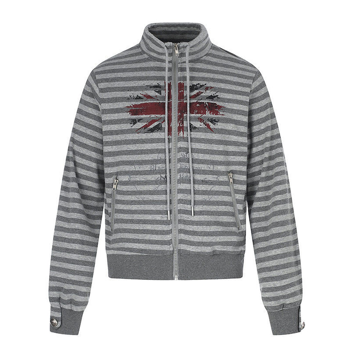 Women's Striped Zip Sweat Jacket with Stand Collar, Zipper Pockets and Vintage Flag Print Mune Fashion