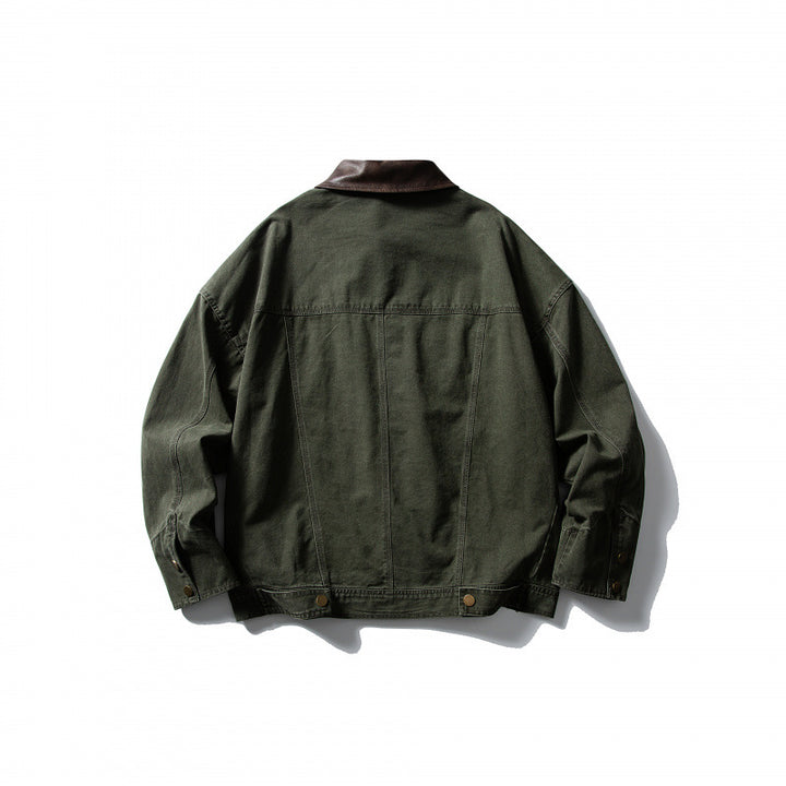 Men's Boxy Canvas Jacket with Leather Collar and Overshirt Silhouette Mune Fashion