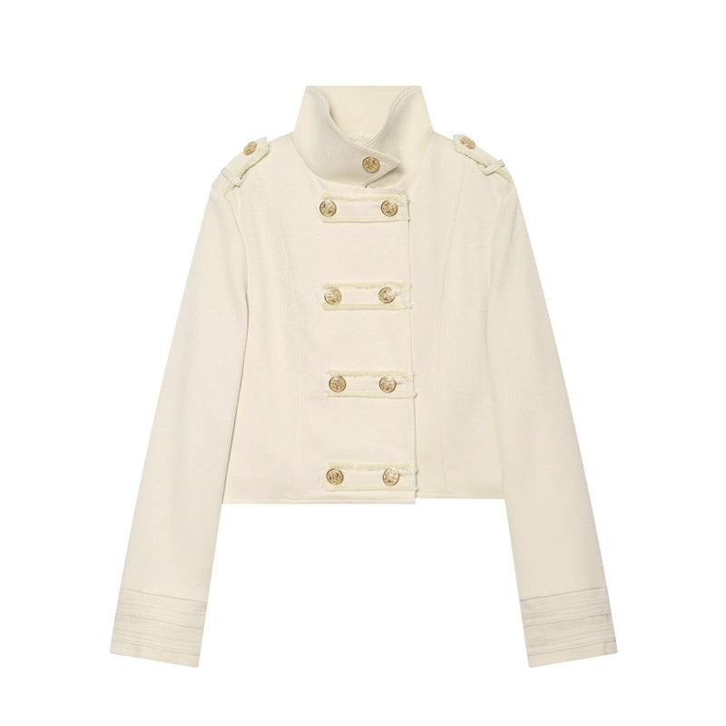 Women's Cropped Uniform Jacket in Military Style with Stand-up Collar and Decorative Button Placket Mune Fashion