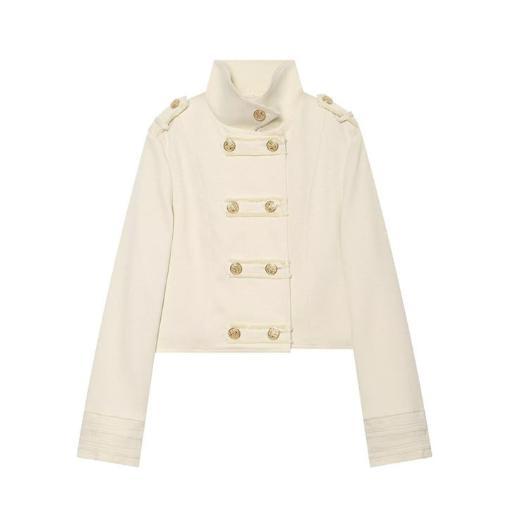 Women's Cropped Uniform Jacket in Military Style with Stand-up Collar and Decorative Button Placket Mune Fashion