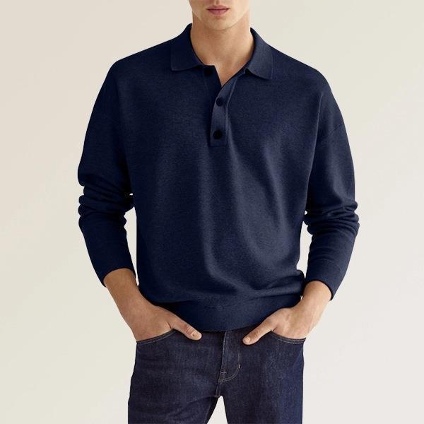 Men's fine knit polo sweater with long sleeves, ribbed cuffs, and subtle button placket EB