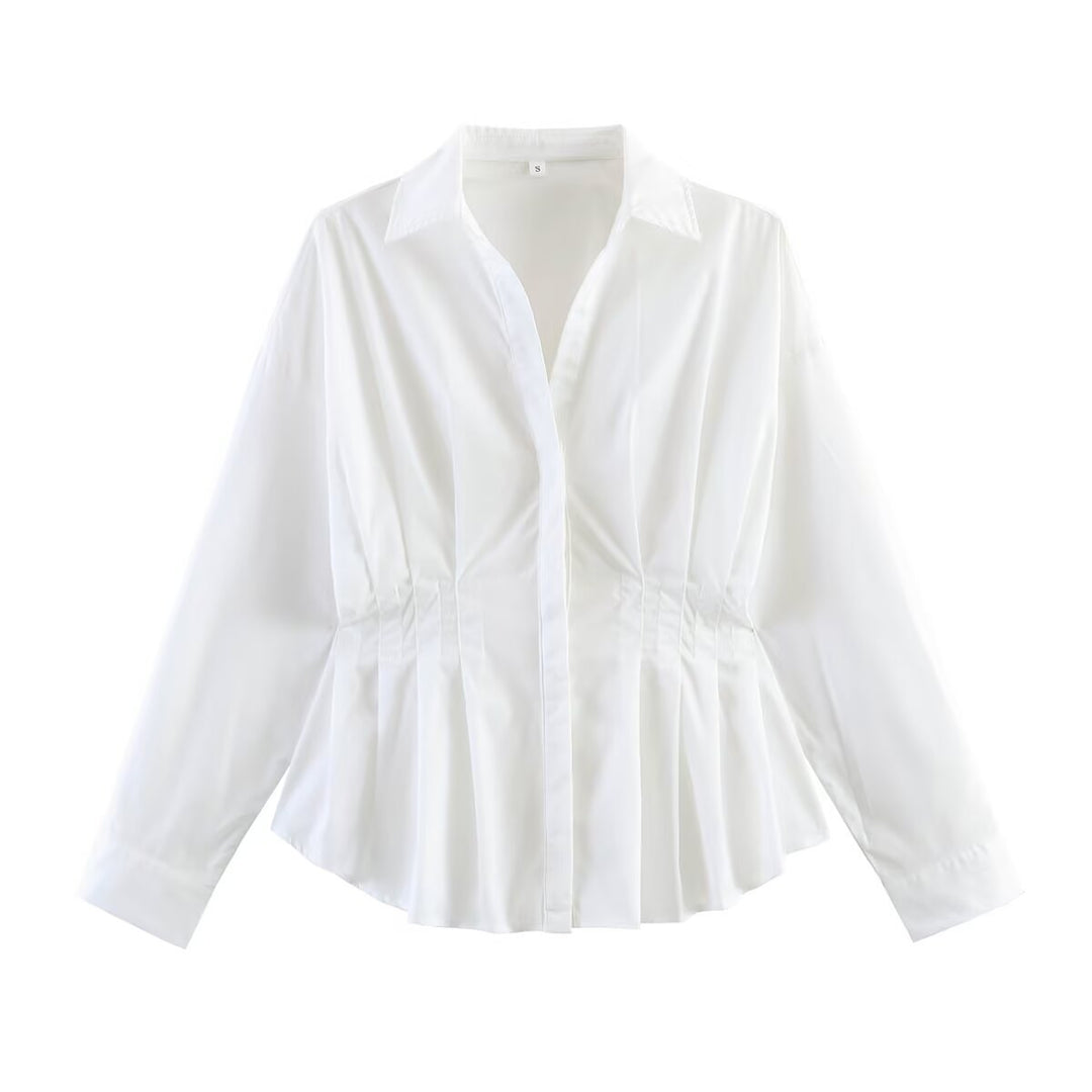 Women Tailored Blouse with Pleats, Integrated Drawstring and Shirt Collar Mune Fashion
