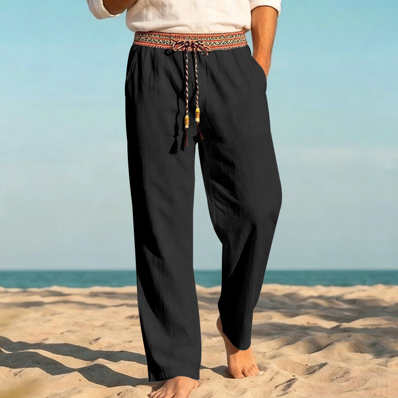 Men's Linen Look Casual Trousers with Embroidered Drawstring Waistband and Drawstring