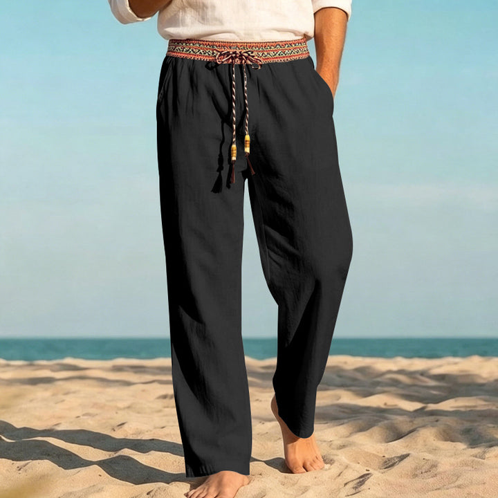 Men's Linen Look Casual Trousers with Embroidered Drawstring Waistband and Drawstring