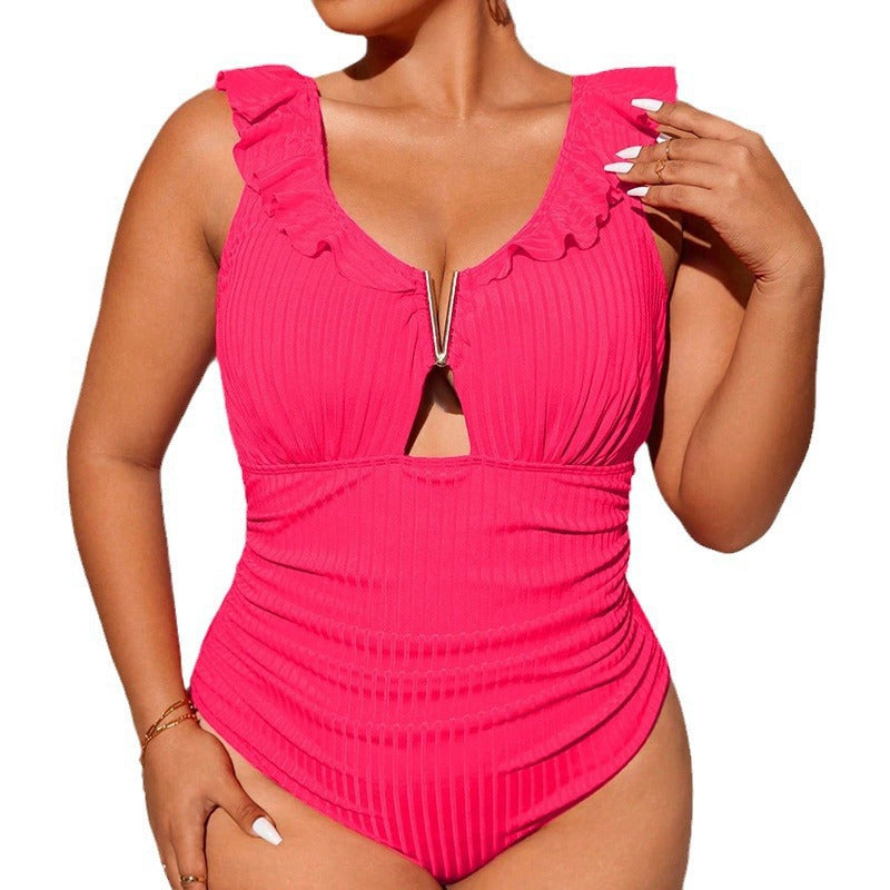 Ladies one-piece swimsuit with ruffle details and elegant V-neck Mune Fashion