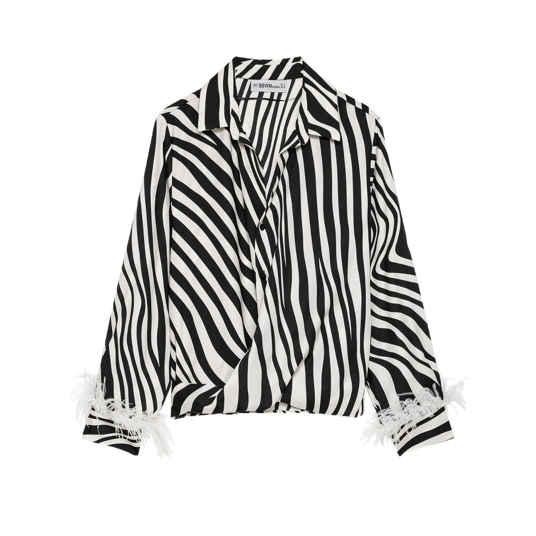 Women Striped Cropped Shirt Blouse with Feather Trim Mune Fashion