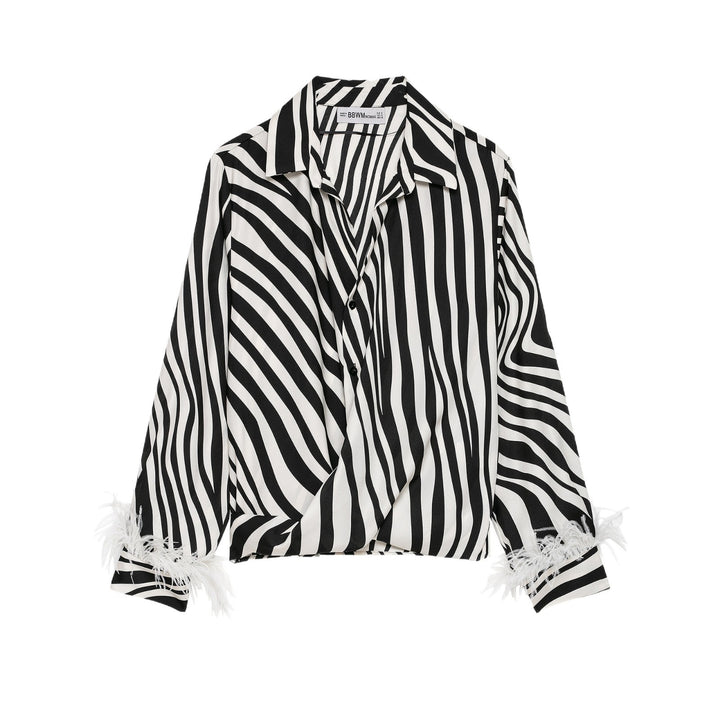 Women Striped Cropped Shirt Blouse with Feather Trim Mune Fashion
