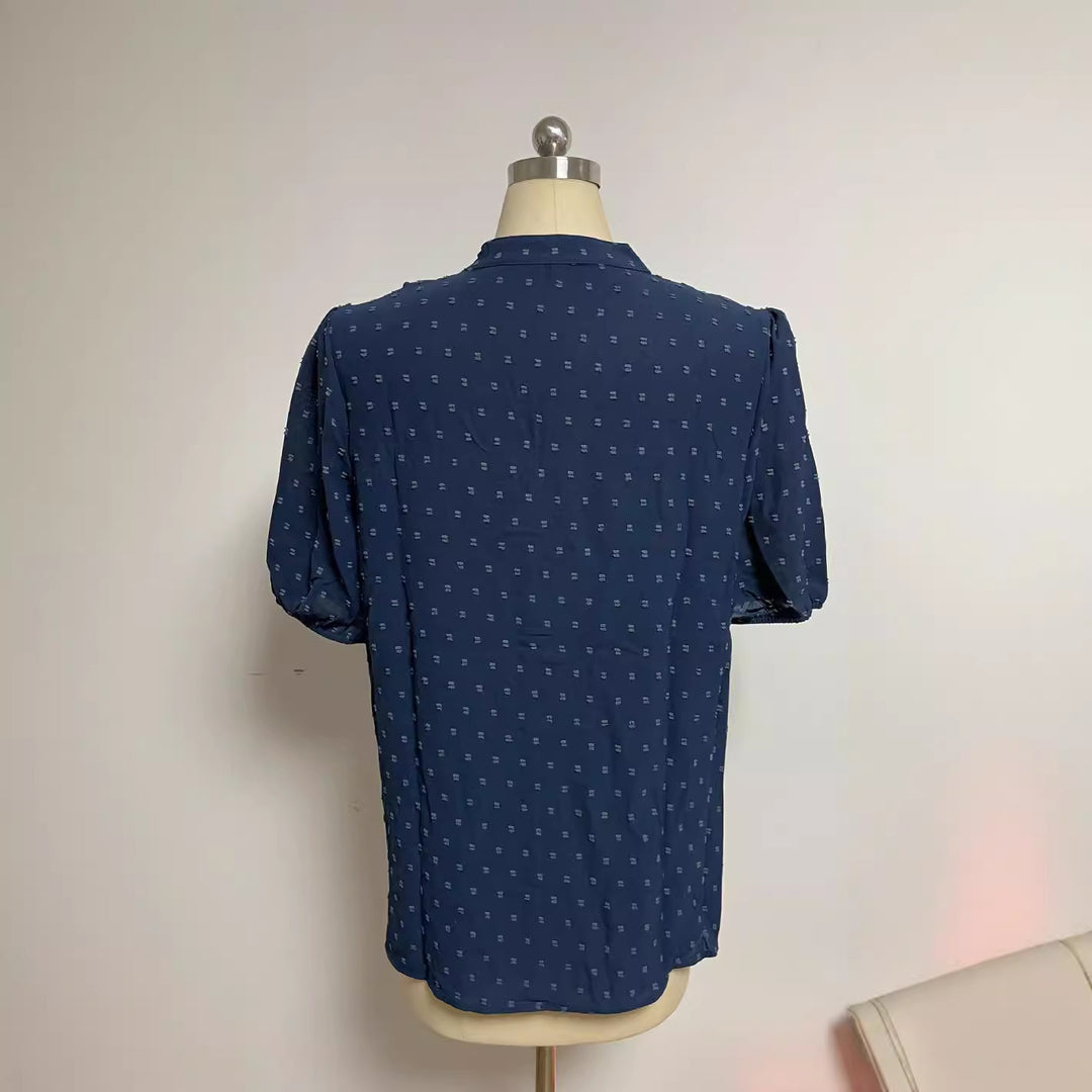Women's semi-transparent Dobby blouse with stand-up collar, crochet trim, and puff sleeves Mune Fashion