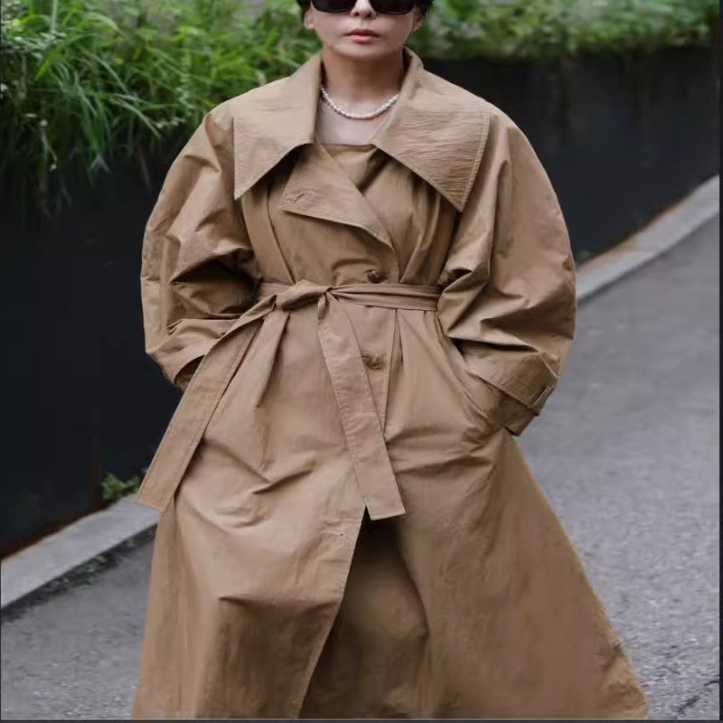 Women Voluminous Trench Coat in Oversize Look with Wide Waterfall Collar and Waist Tie Belt Mune Fashion